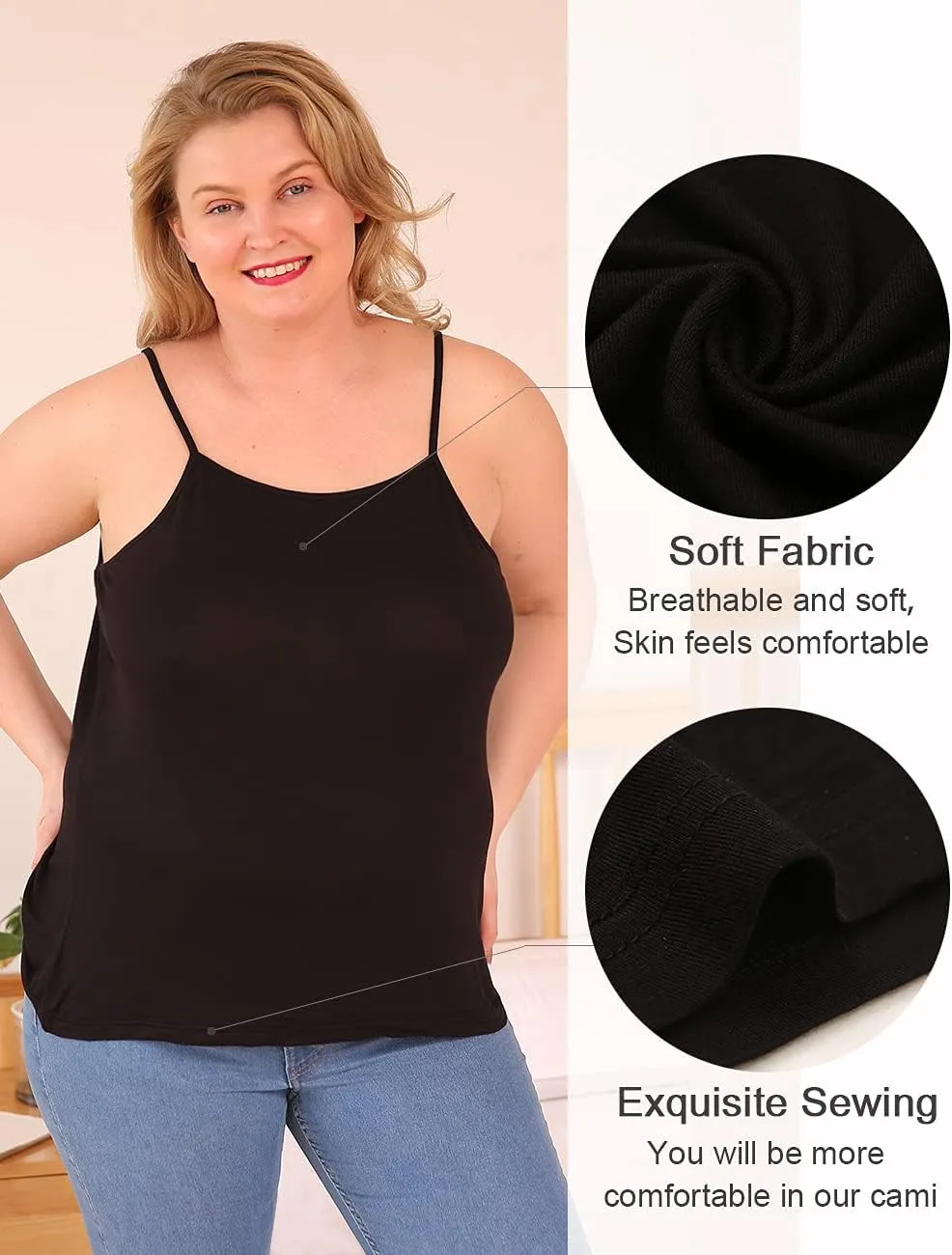 VIKIDEER 3 Pack Camisole for Women Plus Size Basic Undershirt Spaghetti Strap Cami Tank Top
