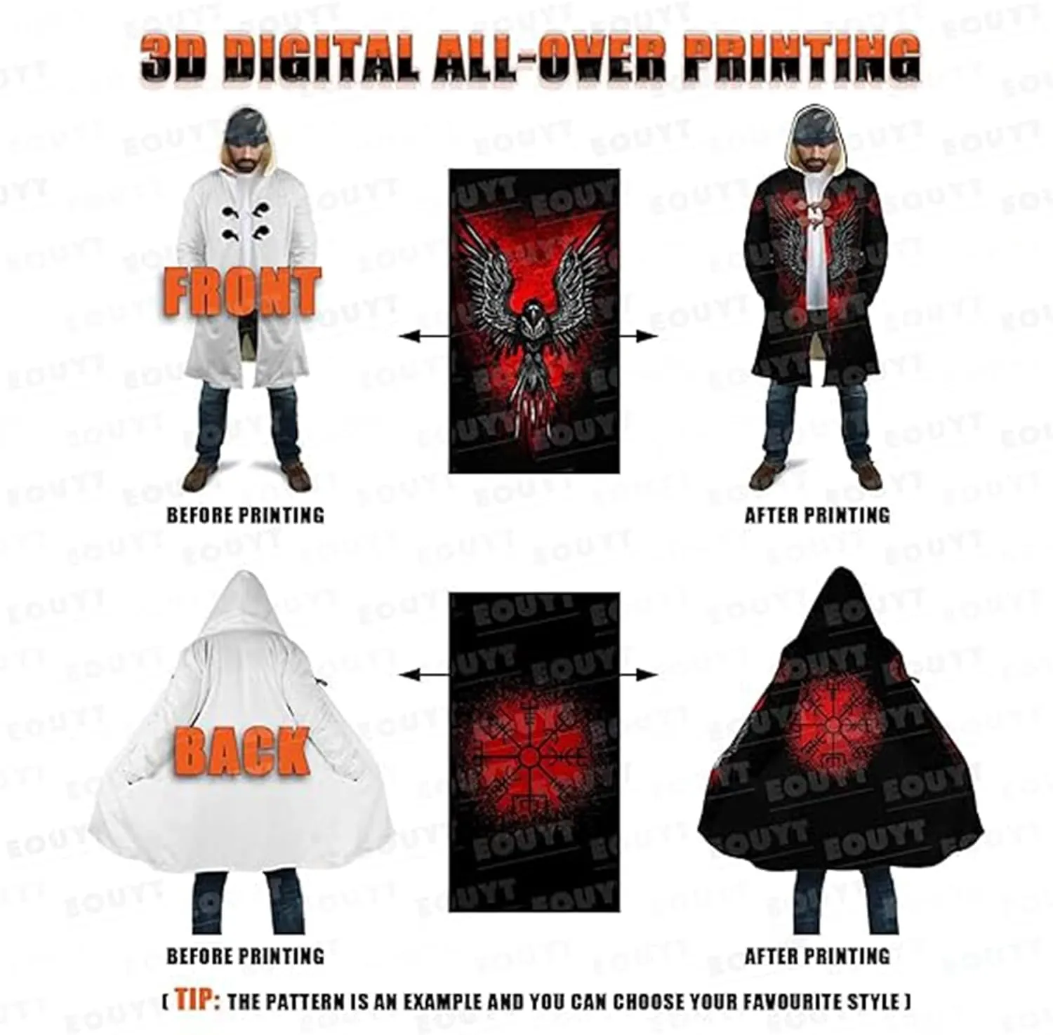 Viking Warriors Winter Warm Hooded Cloak 3D Full Printing Norse Mythology Tattoo Cashmere Coat Retro Parka Harajuku Jacket
