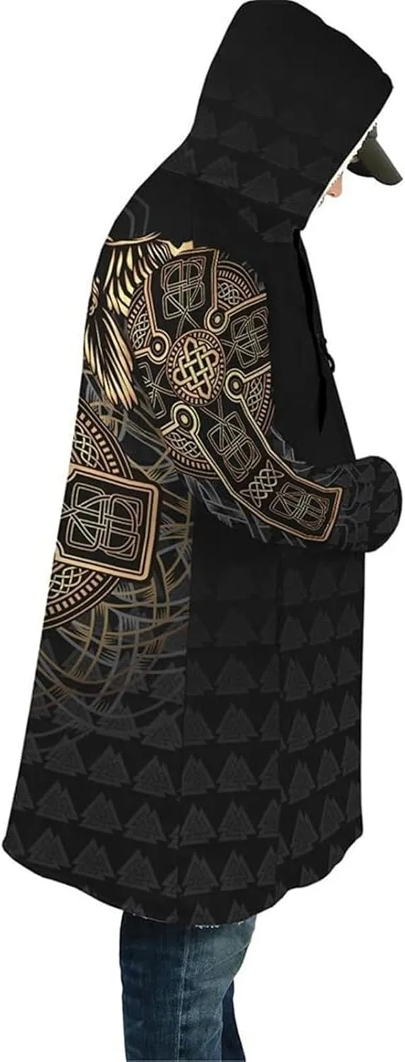 Viking Warriors Winter Warm Hooded Cloak 3D Full Printing Norse Mythology Tattoo Cashmere Coat Retro Parka Harajuku Jacket