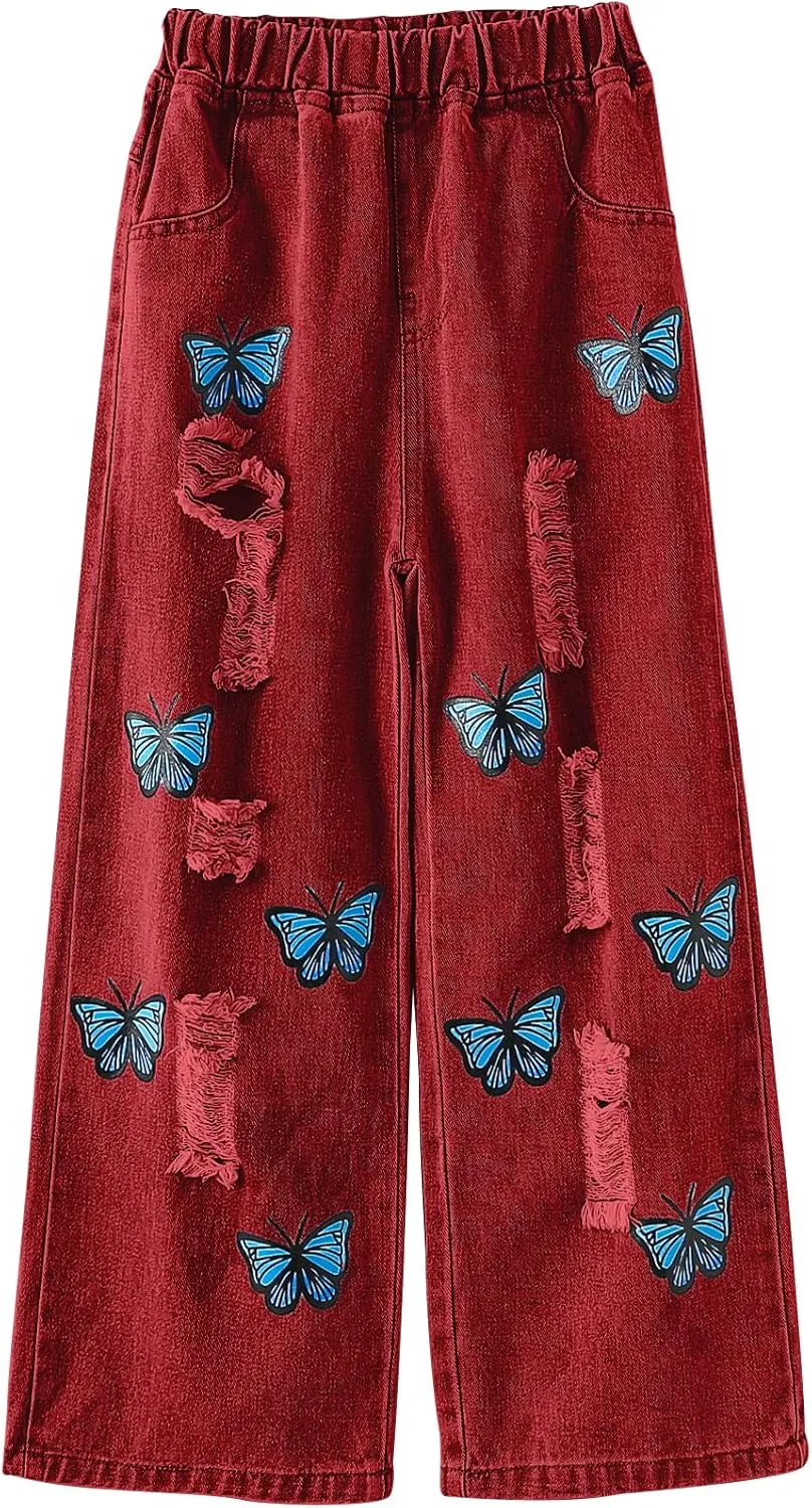 WDIRARA Girl's Butterfly Print Elastic Waist Wide Leg Ripped Jeans Denim Pants