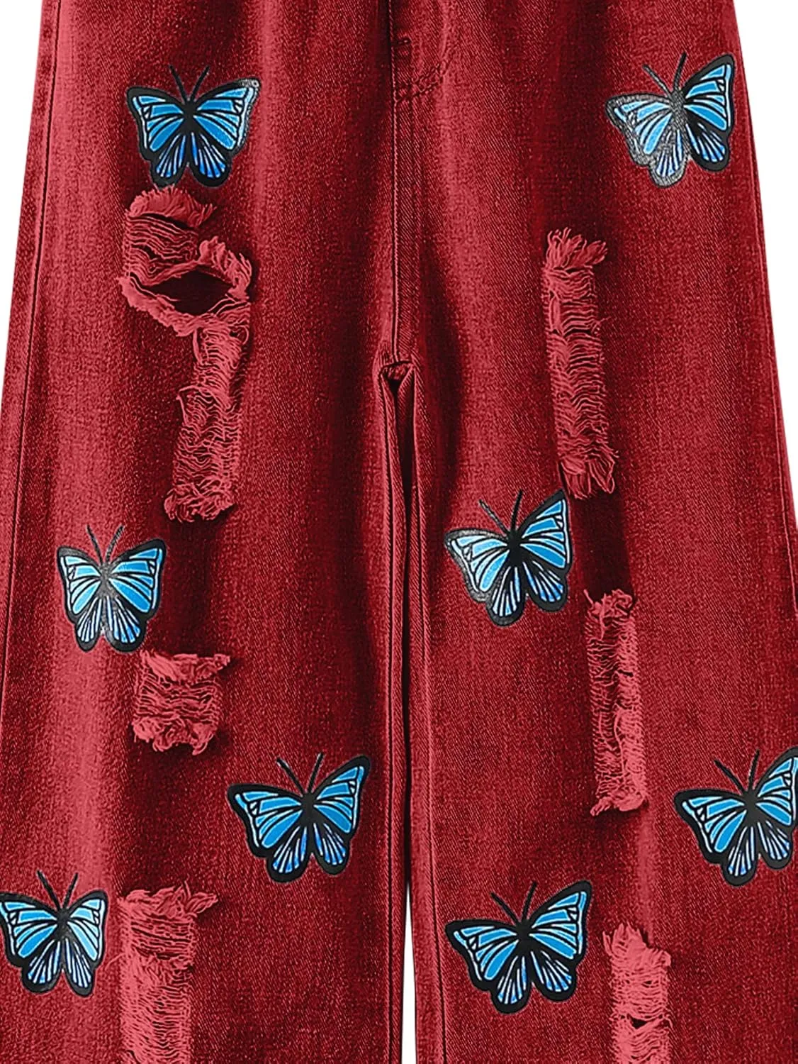 WDIRARA Girl's Butterfly Print Elastic Waist Wide Leg Ripped Jeans Denim Pants