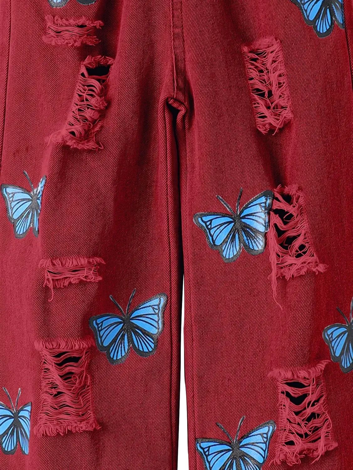 WDIRARA Girl's Butterfly Print Elastic Waist Wide Leg Ripped Jeans Denim Pants