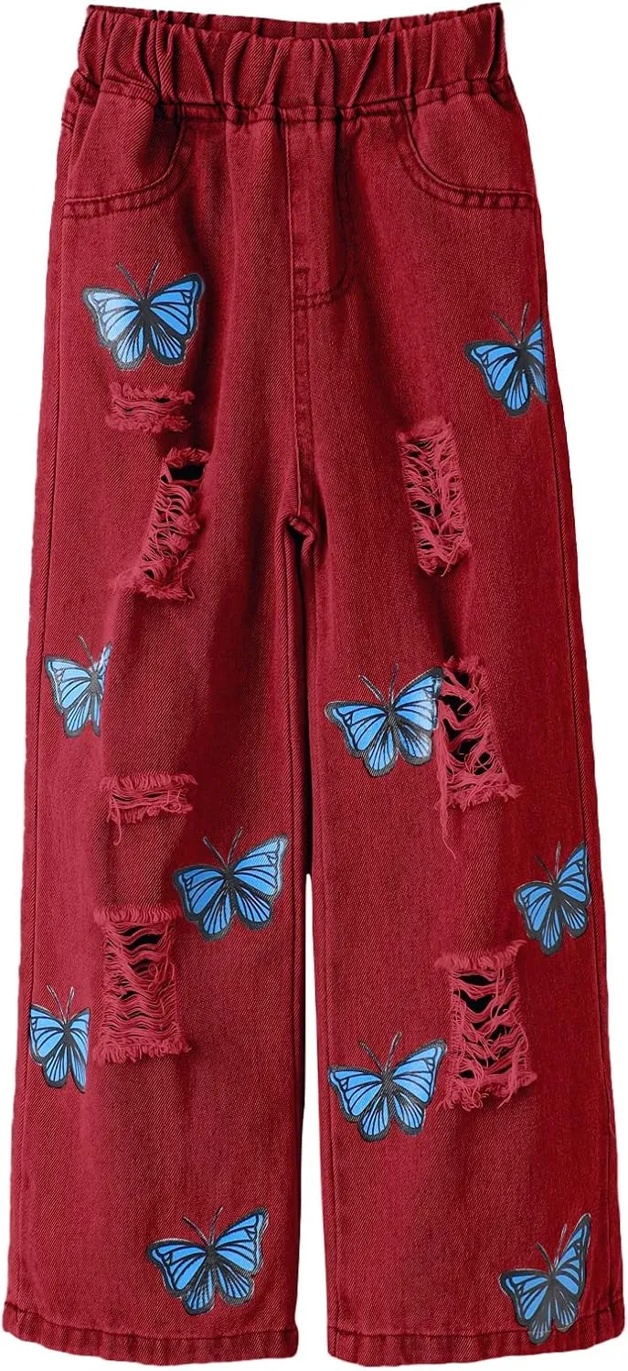 WDIRARA Girl's Butterfly Print Elastic Waist Wide Leg Ripped Jeans Denim Pants