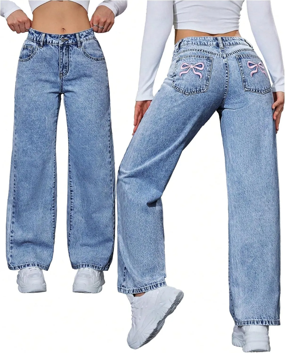 WDIRARA Women's Bow Embroidered Mid Rise Baggy Jeans Y2k Straight Leg Denim Pants with Pockets