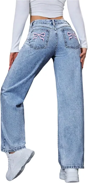 WDIRARA Women's Bow Embroidered Mid Rise Baggy Jeans Y2k Straight Leg Denim Pants with Pockets