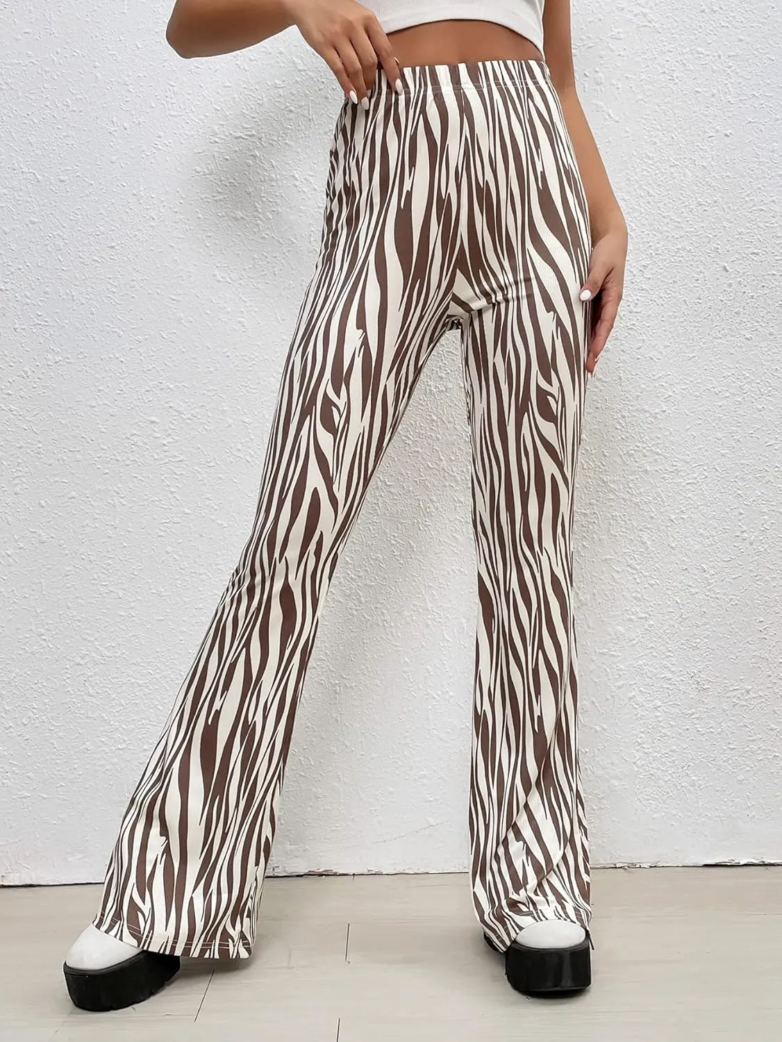 WDIRARA Women's Marble Printed Flare Pants High Waisted Elastic Waist Casual 70s Disco Long Pants