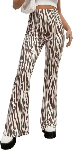 WDIRARA Women's Marble Printed Flare Pants High Waisted Elastic Waist Casual 70s Disco Long Pants