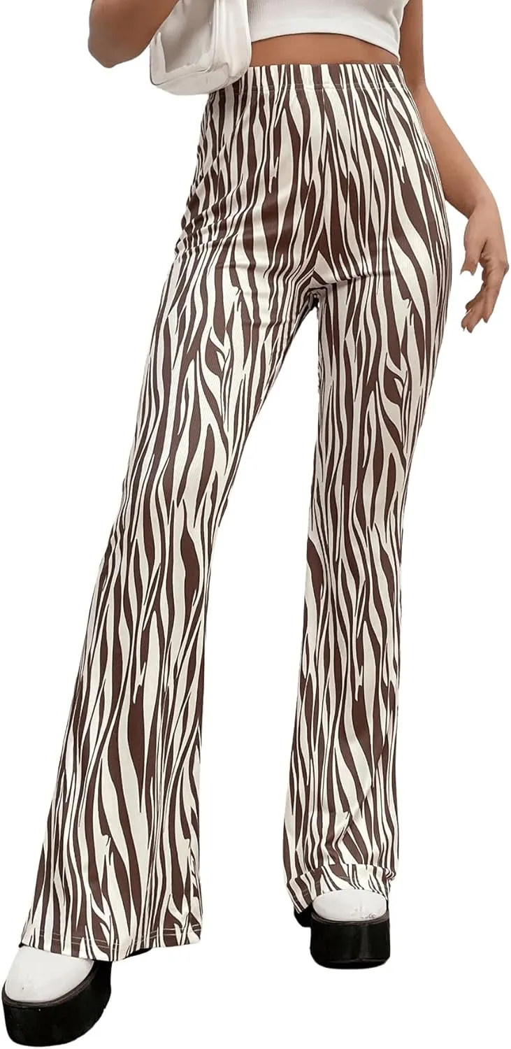 WDIRARA Women's Marble Printed Flare Pants High Waisted Elastic Waist Casual 70s Disco Long Pants