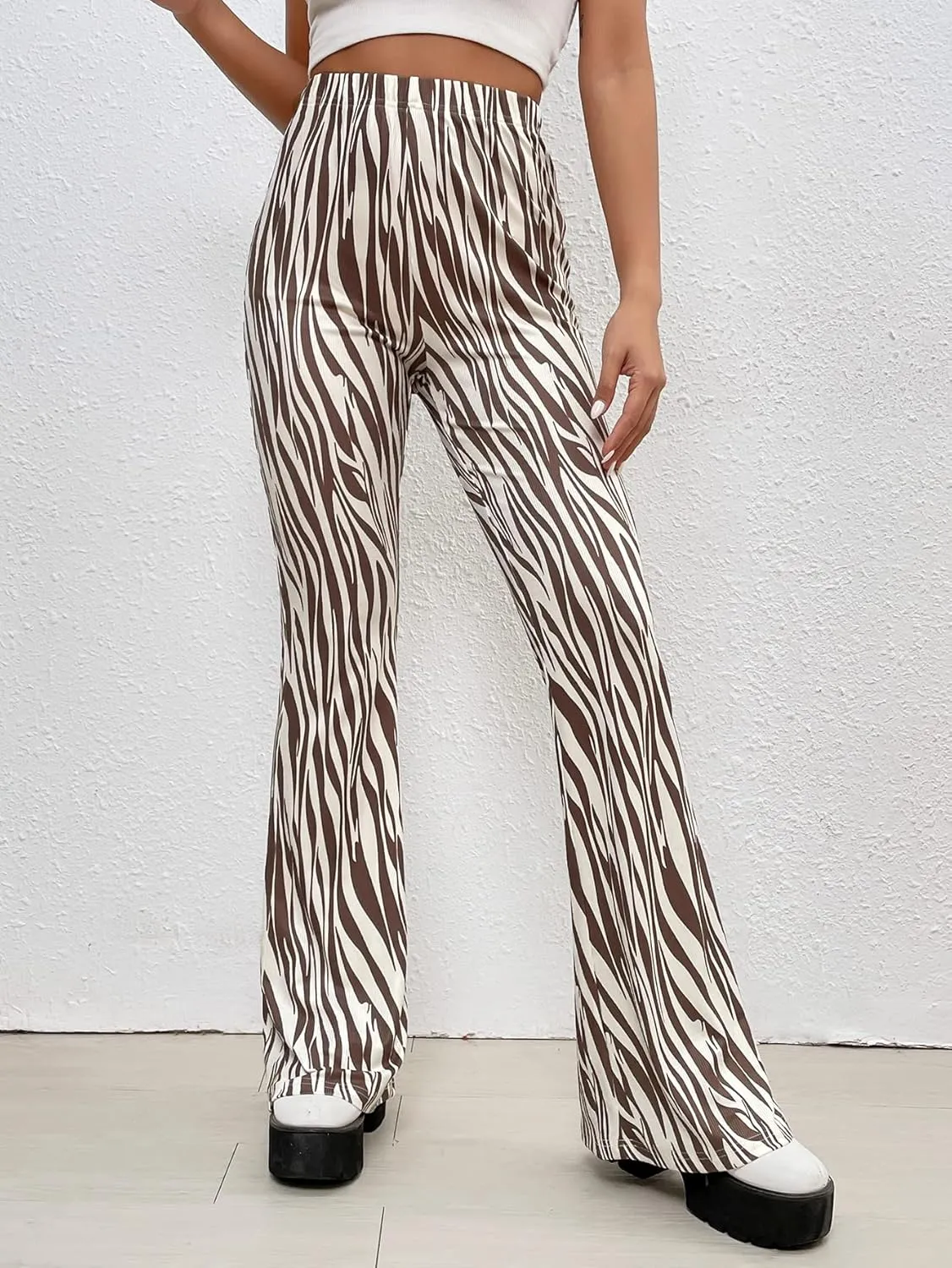 WDIRARA Women's Marble Printed Flare Pants High Waisted Elastic Waist Casual 70s Disco Long Pants