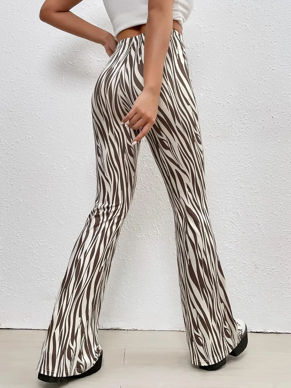 WDIRARA Women's Marble Printed Flare Pants High Waisted Elastic Waist Casual 70s Disco Long Pants