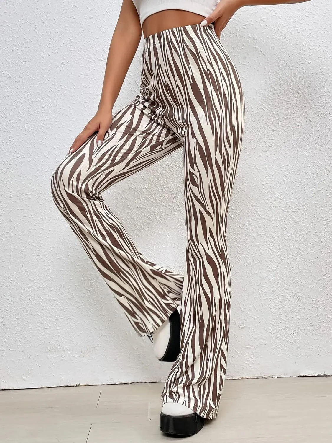 WDIRARA Women's Marble Printed Flare Pants High Waisted Elastic Waist Casual 70s Disco Long Pants