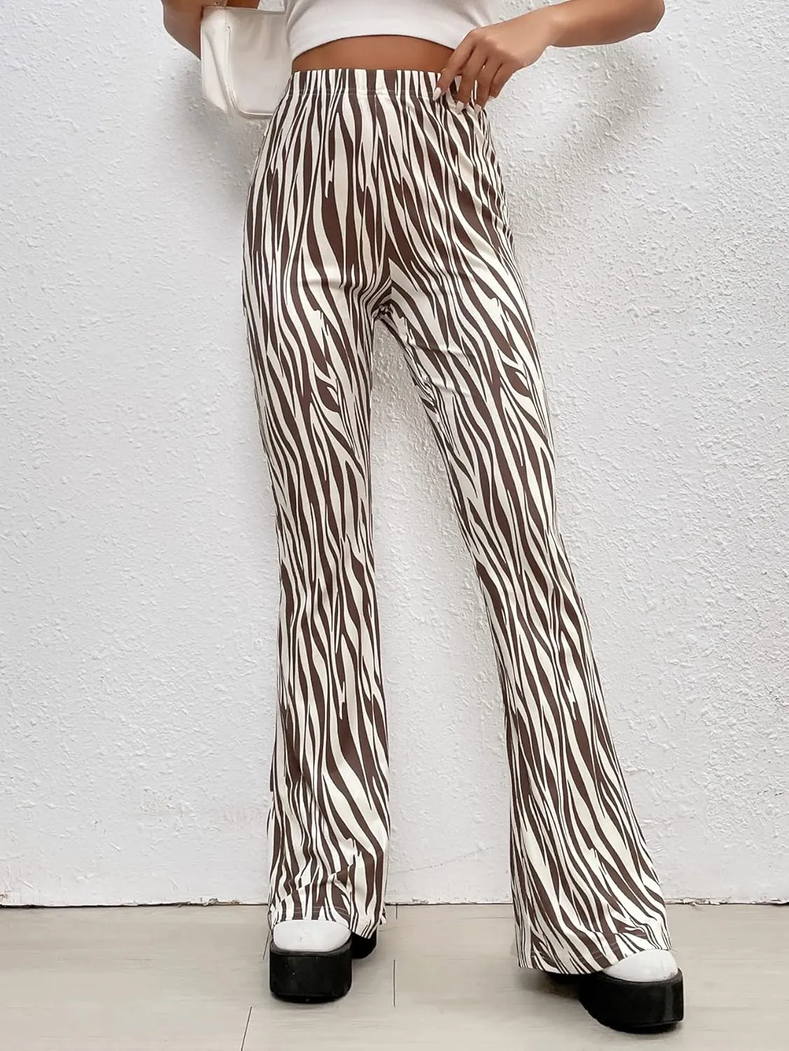 WDIRARA Women's Marble Printed Flare Pants High Waisted Elastic Waist Casual 70s Disco Long Pants