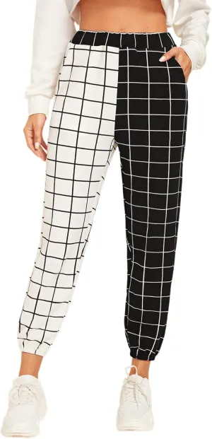 WDIRARA Women's Y2k Plaid Print Elastic Waist Fashion Straight Leg Pants Trousers