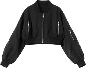 WELAKEN Lightweight Multiple Pockets Zip Up Bomber Jacket for Girls Toddler & Kids II Little Girl's Casual Flight Crop Jacket