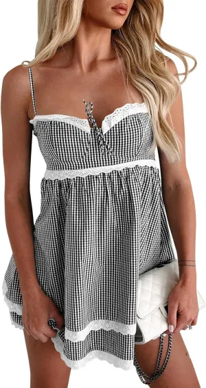 Wenrine Womens Summer Mini Dress Spaghetti Strap Sweetheart Y2K Plaid Lace Trim Tiered Beach Sundress Dresses