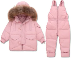WESIDOM Baby Boys Girls Snowsuit, Toddler Winter Outfit Sets Kids Hooded Artificial Fur Down Jacket Coat and Ski Bib Pants
