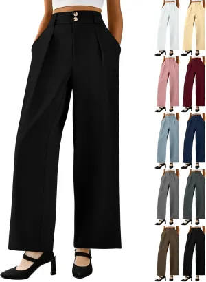 Wide Leg Dress Pants for Women Business Casual Pleated High Elastic Waist Button Palazzo Pants with Pockets