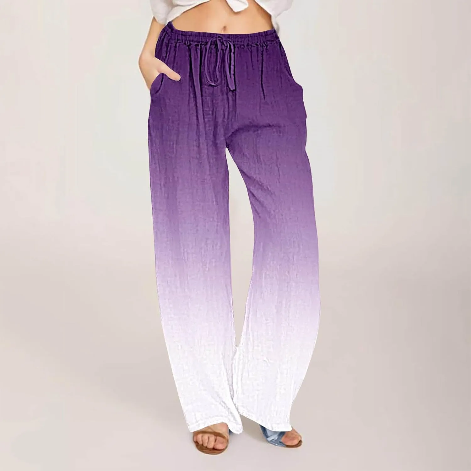 Wide Leg Linen Pants for Women Drawstringg Elastic Waist Gradient Palazzo Pants with Pockets Summer Casual Trousers