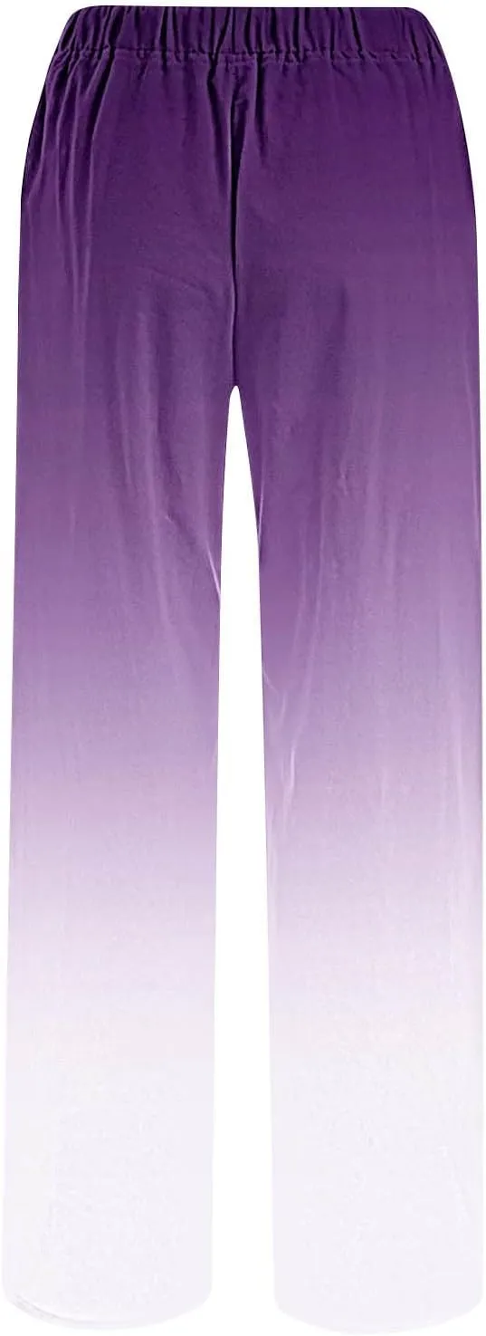 Wide Leg Linen Pants for Women Drawstringg Elastic Waist Gradient Palazzo Pants with Pockets Summer Casual Trousers