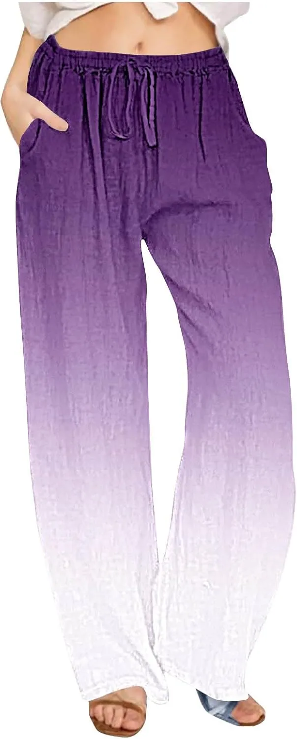 Wide Leg Linen Pants for Women Drawstringg Elastic Waist Gradient Palazzo Pants with Pockets Summer Casual Trousers