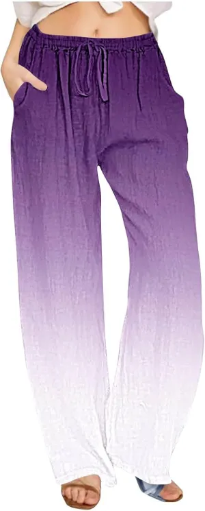 Wide Leg Linen Pants for Women Drawstringg Elastic Waist Gradient Palazzo Pants with Pockets Summer Casual Trousers