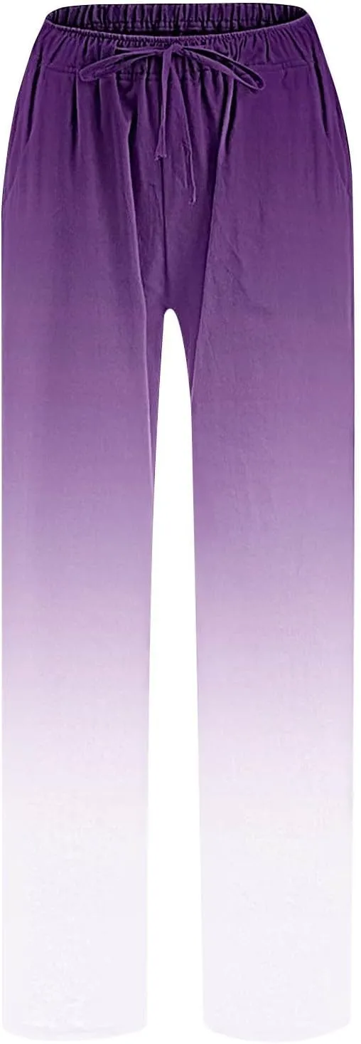 Wide Leg Linen Pants for Women Drawstringg Elastic Waist Gradient Palazzo Pants with Pockets Summer Casual Trousers
