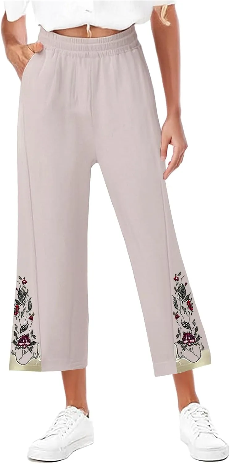 Wide Leg Linen Pants for Women Vintage Floral Embroidered Cropped Trousers High Elastic Waist Summer Beach Pants