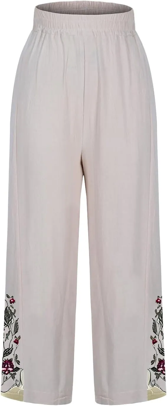 Wide Leg Linen Pants for Women Vintage Floral Embroidered Cropped Trousers High Elastic Waist Summer Beach Pants