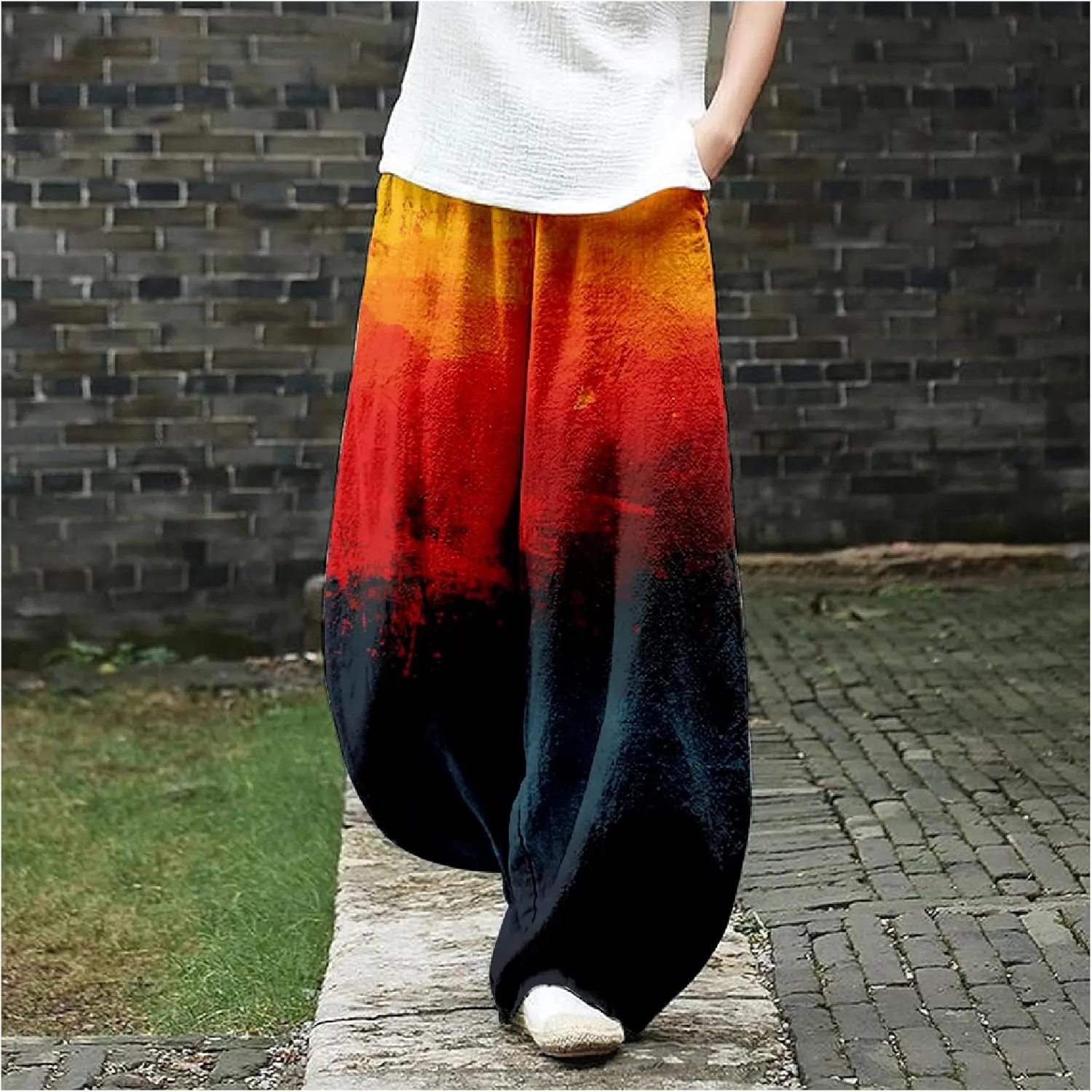 Wide Leg Pants for Women Boho Floral Printed Elastic Waist Baggy Trousers Loose Fit Lounge Pants with Pockets