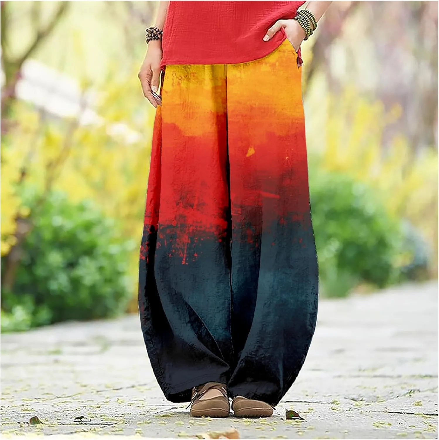 Wide Leg Pants for Women Boho Floral Printed Elastic Waist Baggy Trousers Loose Fit Lounge Pants with Pockets