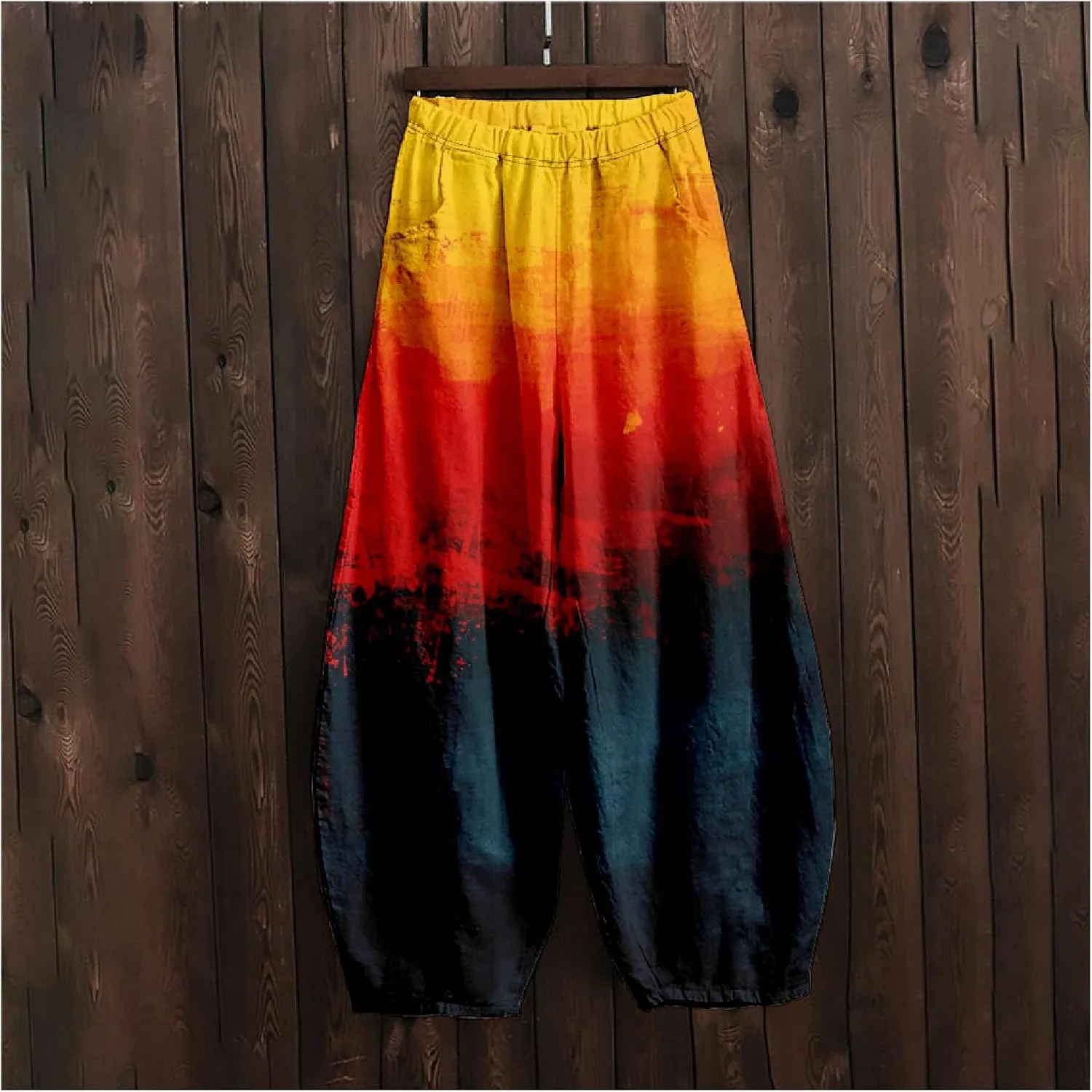 Wide Leg Pants for Women Boho Floral Printed Elastic Waist Baggy Trousers Loose Fit Lounge Pants with Pockets