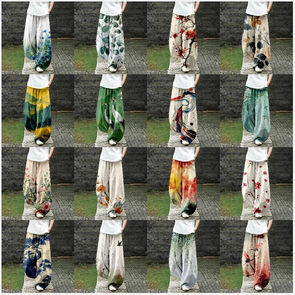 Wide Leg Pants for Women Boho Floral Printed Elastic Waist Baggy Trousers Loose Fit Lounge Pants with Pockets