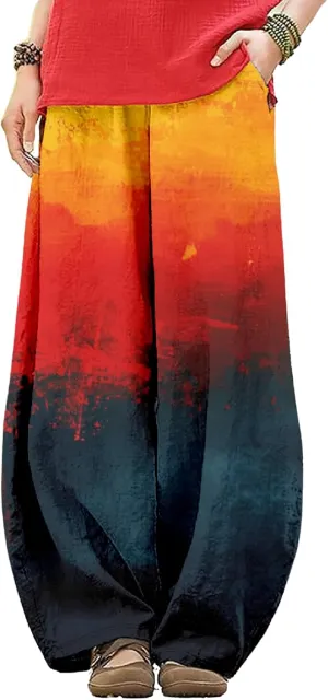 Wide Leg Pants for Women Boho Floral Printed Elastic Waist Baggy Trousers Loose Fit Lounge Pants with Pockets