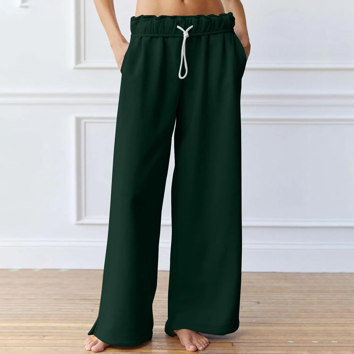 Wide Leg Sweatpants for Women Drawstring High Waisted Lounge Trousers Elastic Waist Baggy Casual Pants with Pockets