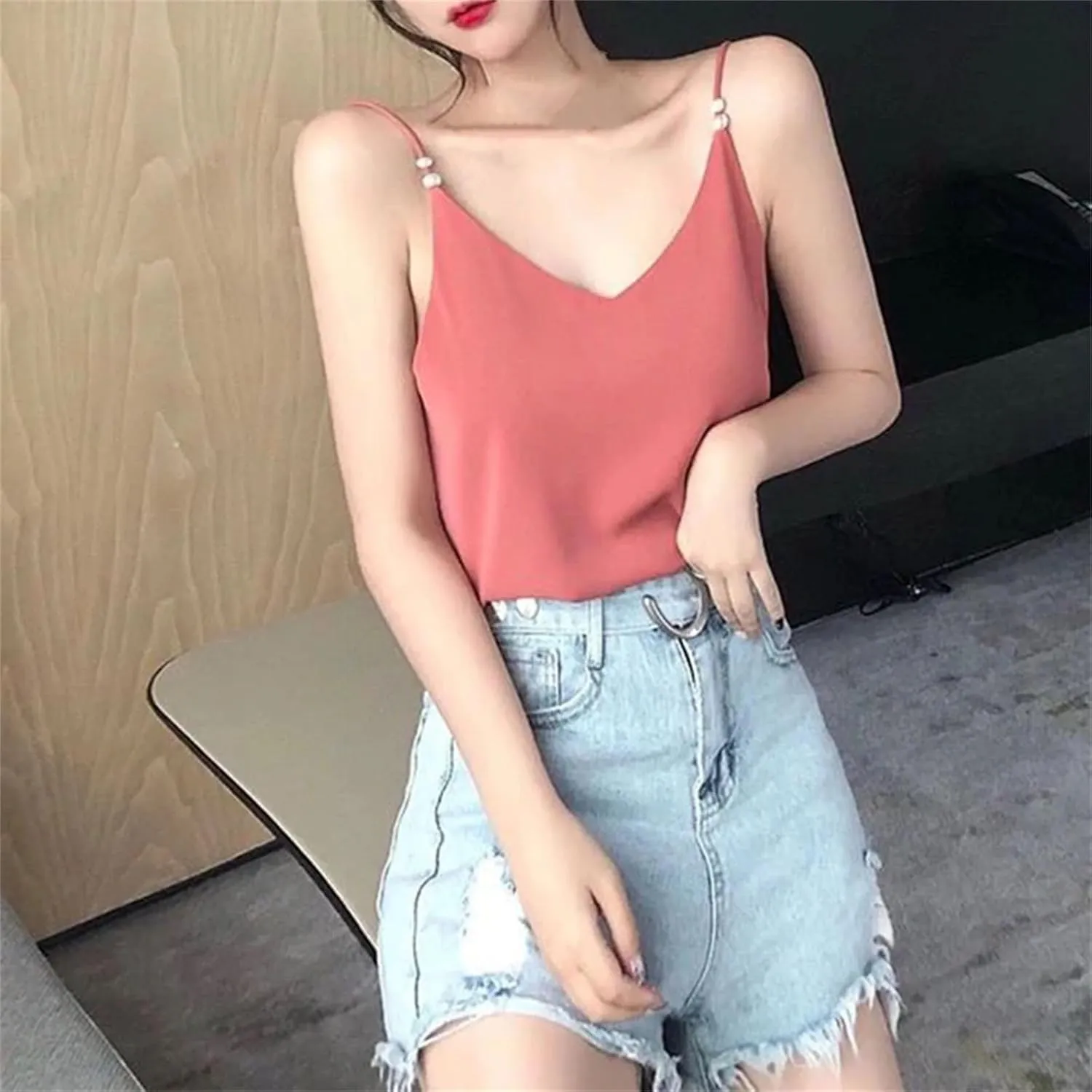 Woman T-Shirt V-Neck Tank Top Sleeveless Camisole Casual Sexy SolidClothing