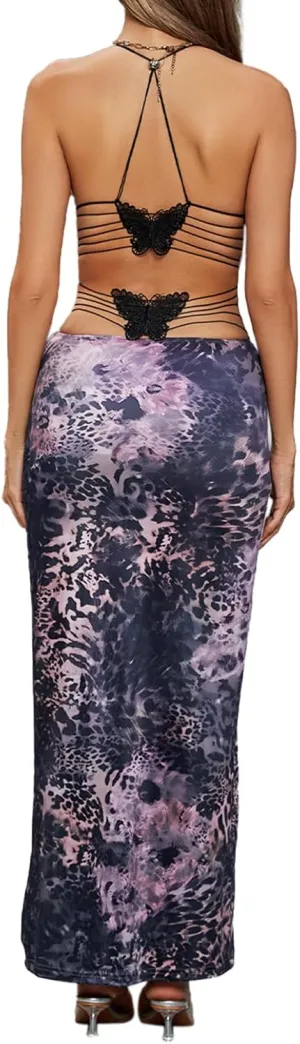 Women Backless Butterfly Dress Sexy V Neck Sleeveless Open Back Maxi Dress Party Cocktail Bodycon Long Dress