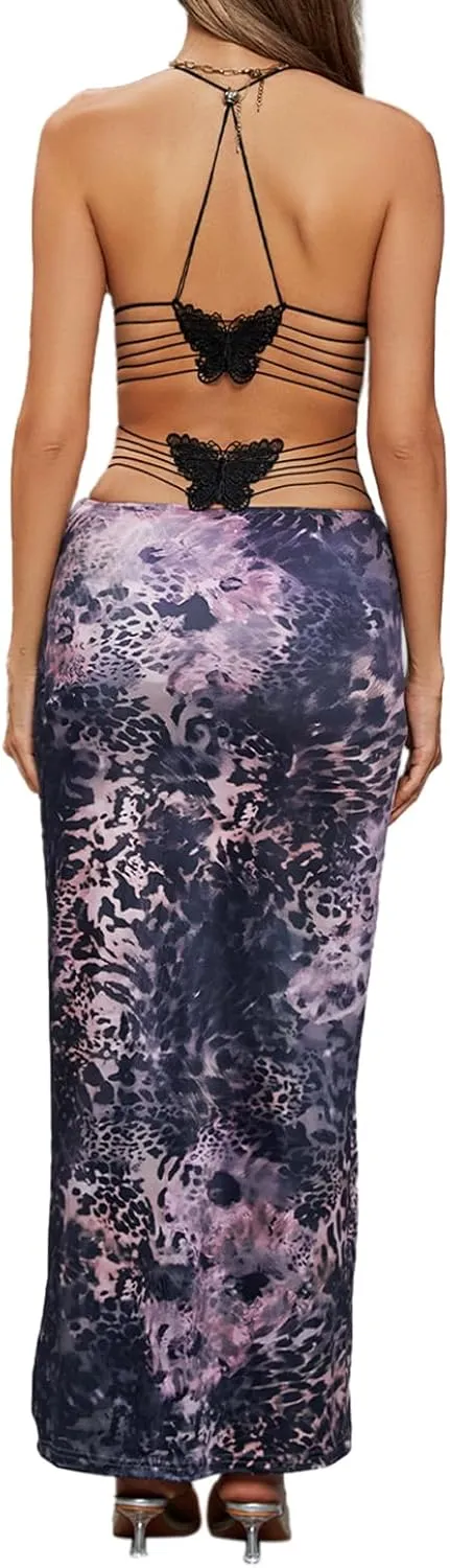 Women Backless Butterfly Dress Sexy V Neck Sleeveless Open Back Maxi Dress Party Cocktail Bodycon Long Dress