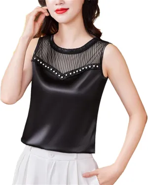 Women Beaded Tank Top Silk Satin Shirt Round Neck Sleeveless Camisole