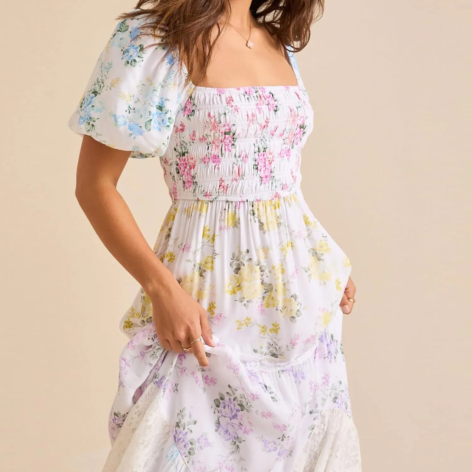 Women Boho Floral Smocked Maxi Dress Y2k Patchwork Lace Layered Long Beach Dress Casual Flowy Summer Sundress