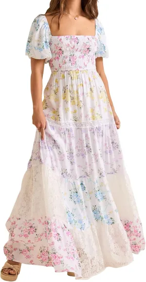Women Boho Floral Smocked Maxi Dress Y2k Patchwork Lace Layered Long Beach Dress Casual Flowy Summer Sundress