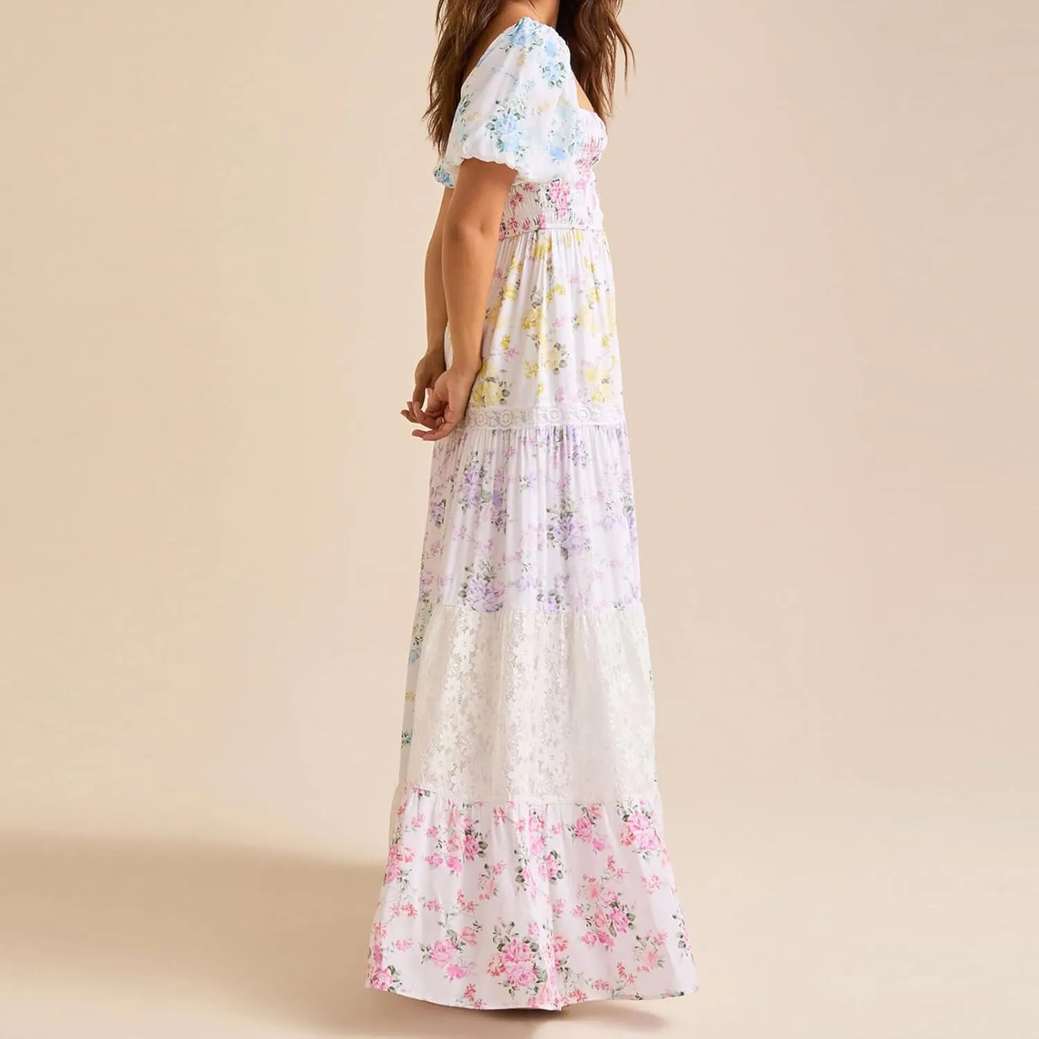 Women Boho Floral Smocked Maxi Dress Y2k Patchwork Lace Layered Long Beach Dress Casual Flowy Summer Sundress