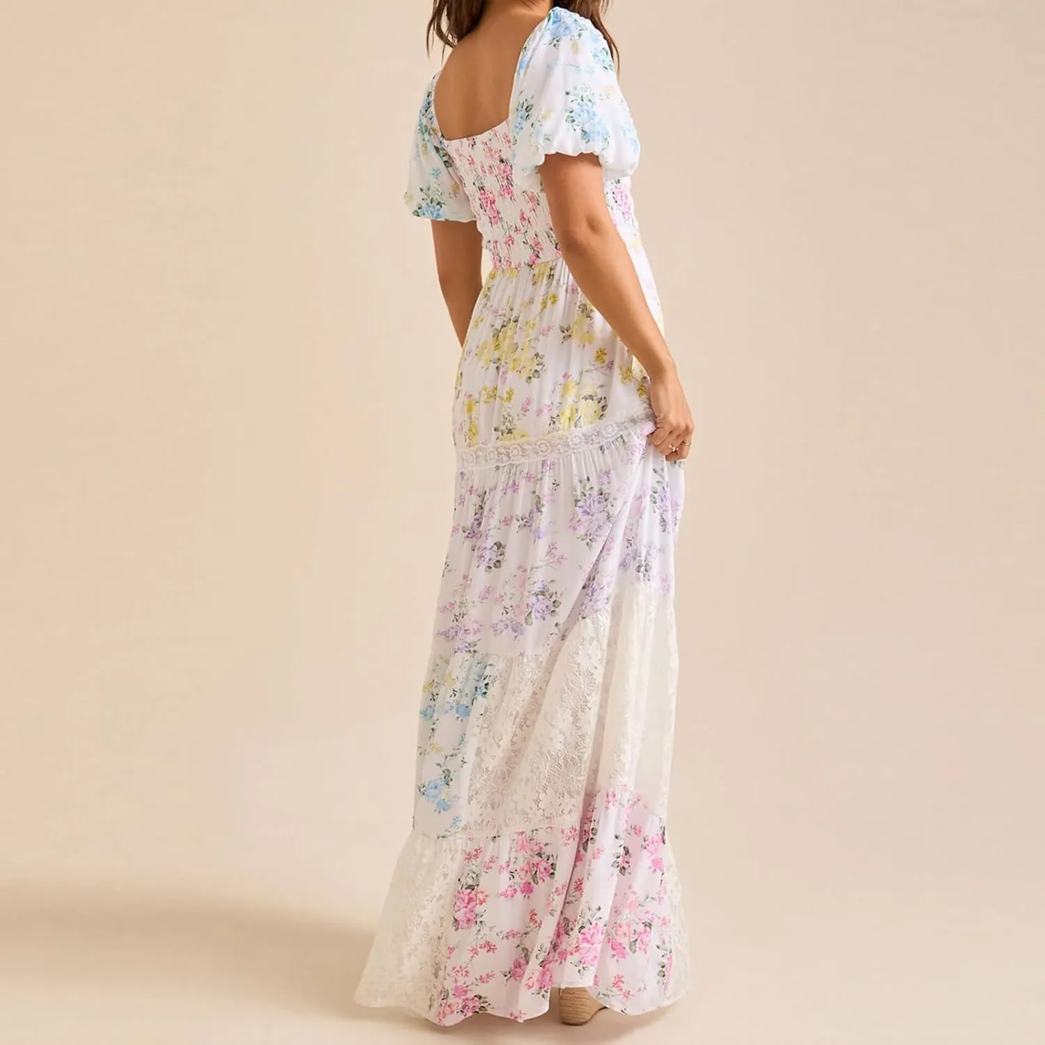Women Boho Floral Smocked Maxi Dress Y2k Patchwork Lace Layered Long Beach Dress Casual Flowy Summer Sundress