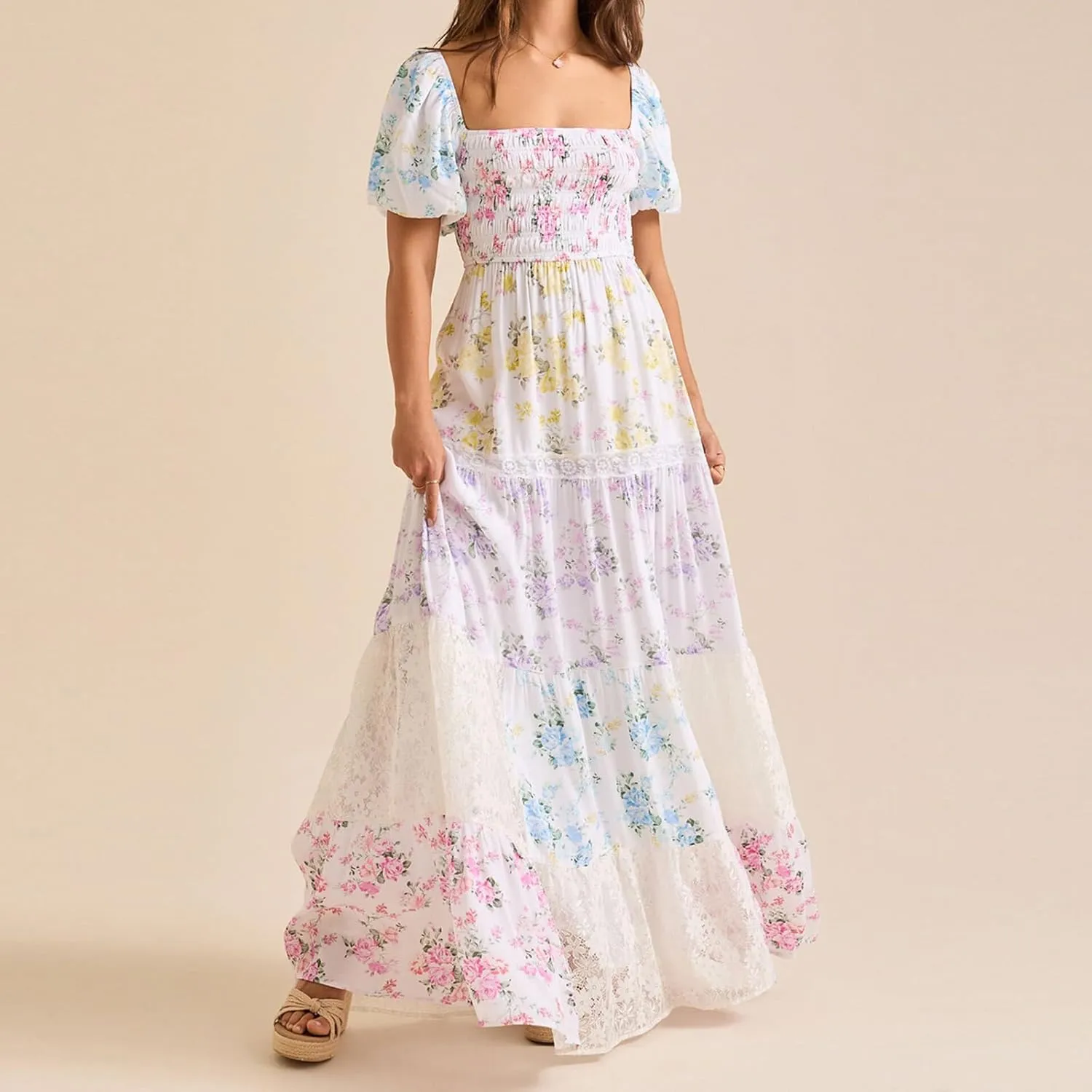 Women Boho Floral Smocked Maxi Dress Y2k Patchwork Lace Layered Long Beach Dress Casual Flowy Summer Sundress