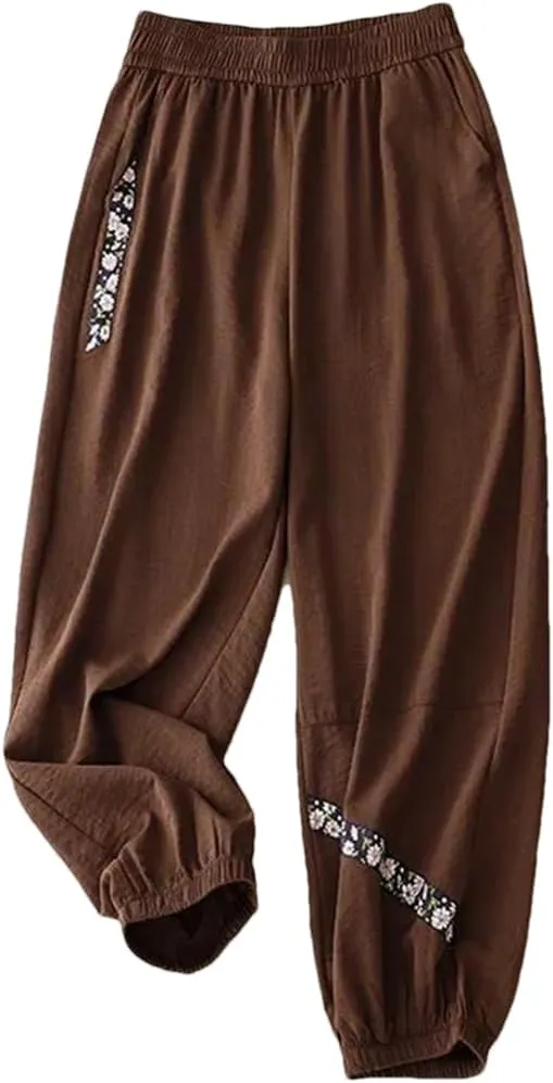 Women Casual Ankle-Length Pants Elastic Waist Basics Pant Harem Pants Elastic Waist Cotton Pant