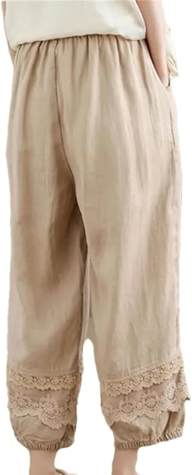 Women Casual Harem Pants Patchwork Lace Loose Pants Cotton Ankle-Length Elastic Waist Pants