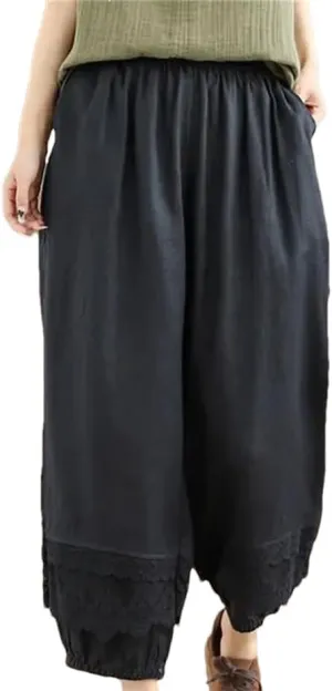 Women Casual Harem Pants Patchwork Lace Loose Pants Cotton Ankle-Length Elastic Waist Pants