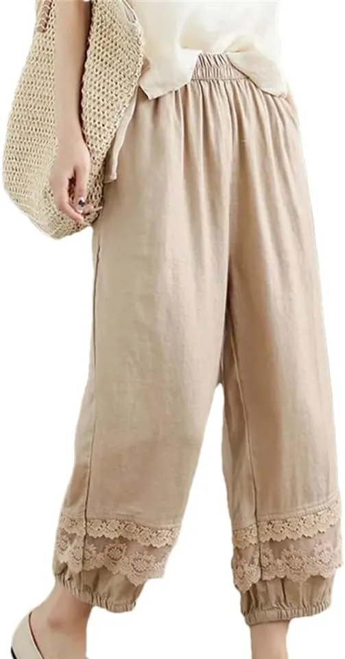 Women Casual Harem Pants Patchwork Lace Loose Pants Cotton Ankle-Length Elastic Waist Pants