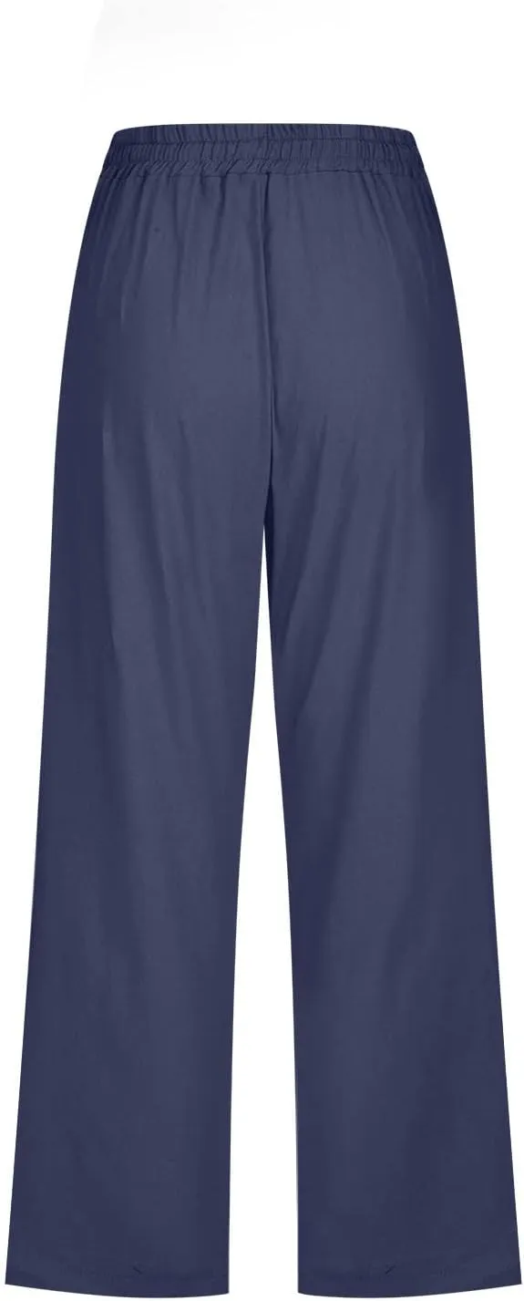 Women Cotton Linen Capris Pants Casual Summer 2025 Straight Wide Leg Loose Drawstring Elastic Waist Cropped Trouser