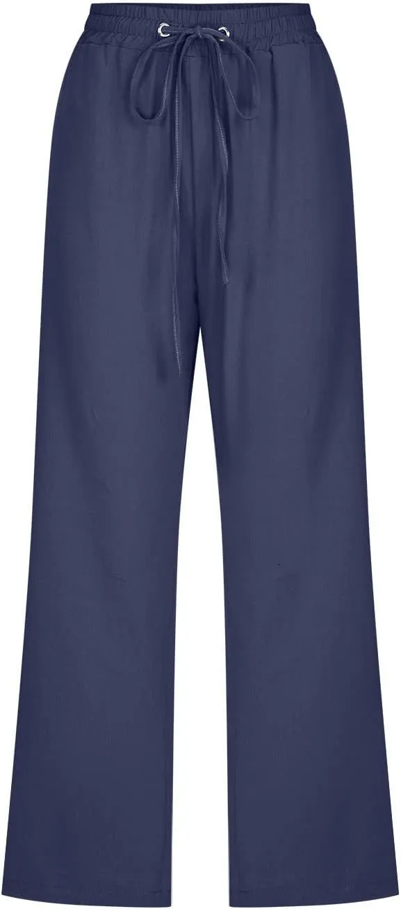 Women Cotton Linen Capris Pants Casual Summer 2025 Straight Wide Leg Loose Drawstring Elastic Waist Cropped Trouser