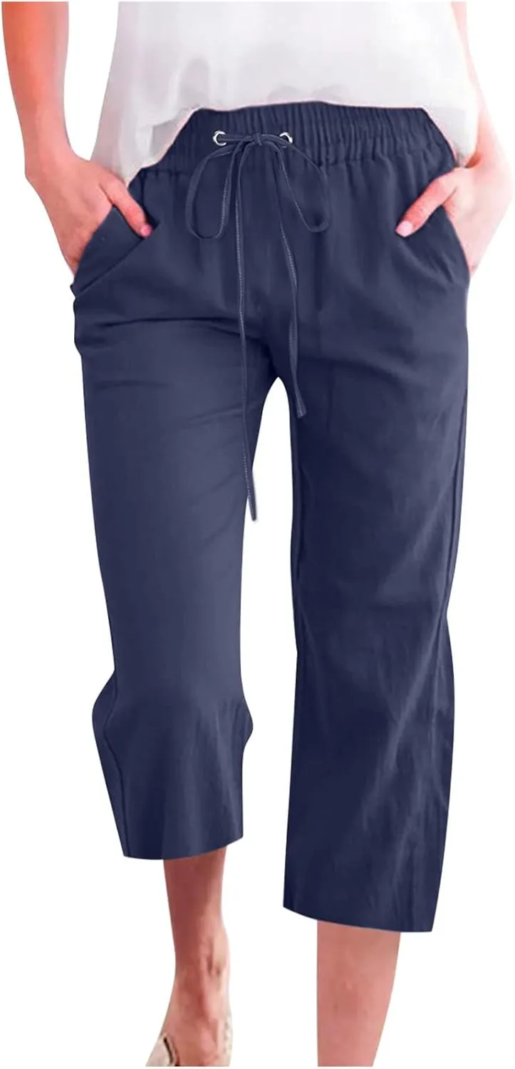 Women Cotton Linen Capris Pants Casual Summer 2025 Straight Wide Leg Loose Drawstring Elastic Waist Cropped Trouser
